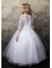 Long Sleeves Beaded Lace Tulle Tea Length Flower Girl Dress